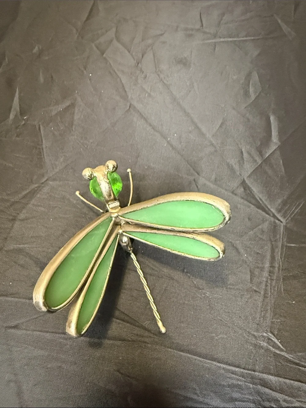 Green Stained Glass Dragonfly Accent with Brass-Tone Frame